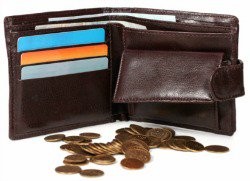 Open leather wallet with bank notes and bank cards in it, and coins in front of it.