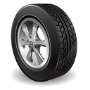 Graphic of a single car wheel stood upright with a black tyre and silver spokes.