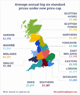 Map showing average annual big six standard prices under new energy price cap.