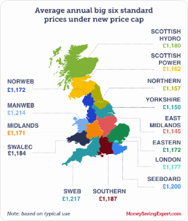 Average annual big six standard prices under new energy price cap map Map showing average annual big six standard prices under new energy price cap.