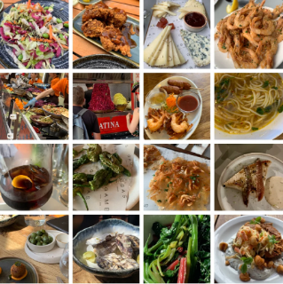 Collage of different dishes, including battwered prawns, a bowl of noodles and fillet of fish