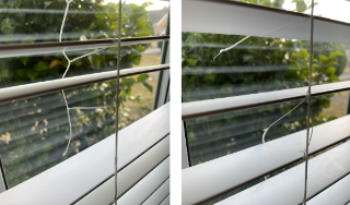Two photos of window blinds with broken strings