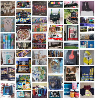 A collage of competition prizes such as beer, shoes, books, pizza, gin and Minions merch