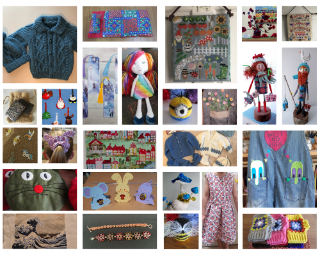 A collage of craft projects, including models, jewellery, embroidery and knitting