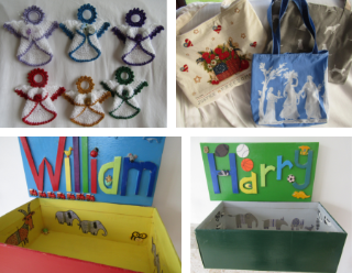 Handcrafted items, including crochet angels, kids' treasure boxes and tote bags