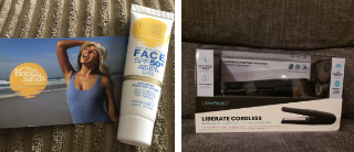 A tube of face sun scream and a box containing hair straighteners