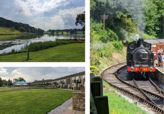 A collage of photos of beautiful green vistas, a lake and a steam engine with a plume of steam