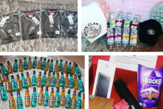 Four images of competition prizes, including lots of bottles of VK and a mobile phone