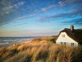 A cottage surrounded by long grass near a beach