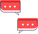 Illustration of two red speech bubbles with ellipses inside on a blue/green background.