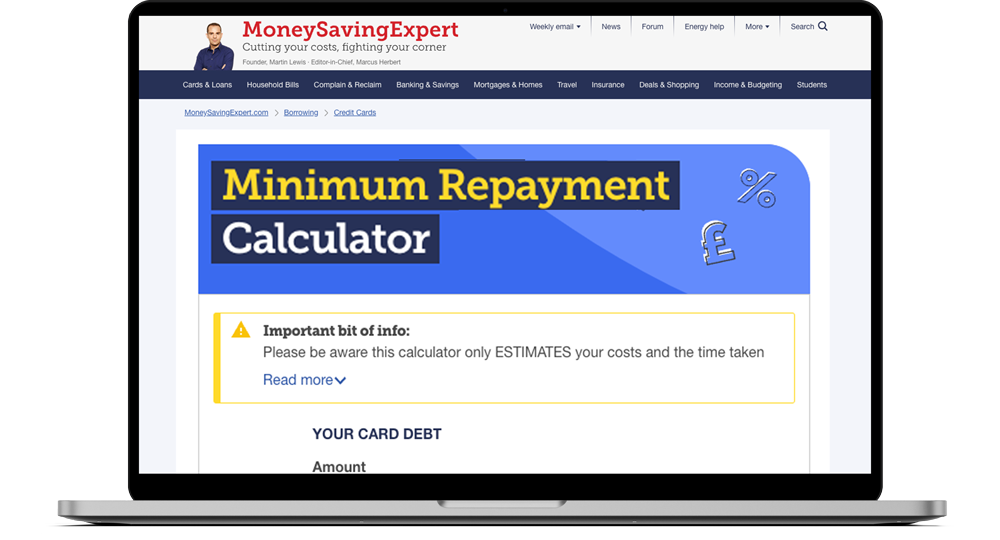 An image showing a laptop with MSE's Minimum Repayment Calculator open on its screen. The image links to MSE's Credit Card Minimum Repayment Calculator guide.