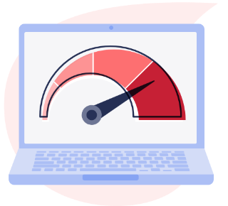 Vector image of a laptop with a speedometer on the screen with the needle in the red.
