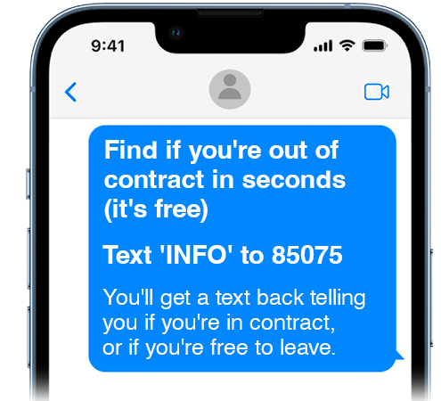 A text message reading: "Find if you're out of contract in seconds (it's free). Text 'INFO' to 85075. You'll get a text back telling you if you're in contract, or if you're free to leave." The image links to our Cheap Mobile Finder tool with the Sim-only filter applied.