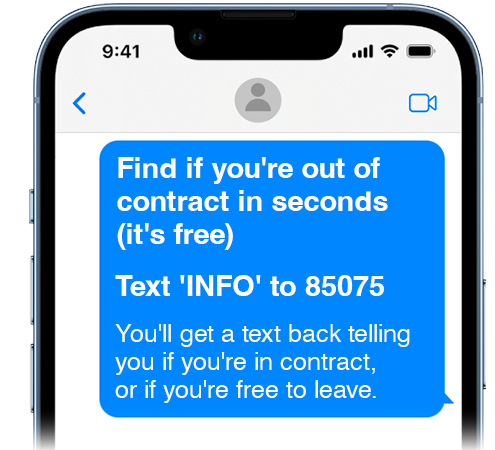 Phone showing a text message that reads: "Find out if you're out of contract in seconds (it's free). Text 'INFO' to 85075. You'll get a text back telling you if you're in contract, or if you're free to leave." The image links to MSE's Cheap Mobile Finder tool with the Sim-only filter applied.