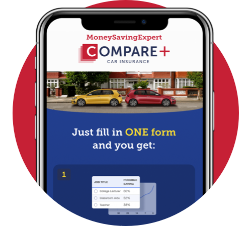 Screengrab showing our Compare+ Car Insurance tool, with the caption "Just fill in one form and you get..." Image links to the tool itself.