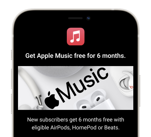 MSE's Free music streaming guide has details of the top paid-for music services with free trials. The image is of a phone screen displaying text that reads: "Get Apple Music free for six months. New subscribers get six months free with eligible AirPods, HomePod or Beats."