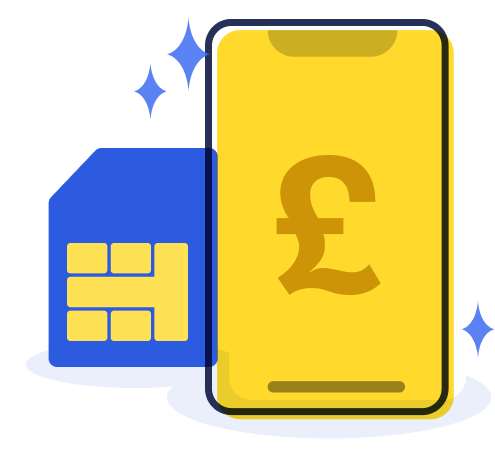 An illustration showing a Sim card next to a mobile phone with a pound sign on it. The image links to our Cheap Sim Finder.