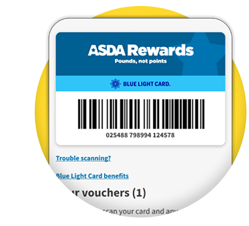 Screengrab of a digital Blue Light Card, with an 'Asda Rewards' heading. Image links to our full write-up on the Blue Light Card.