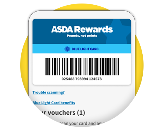 Screengrab of a digital Blue Light Card, with an 'Asda Rewards' heading. Image links to our full write-up on the Blue Light Card.