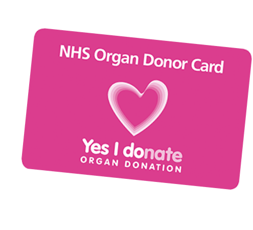 An NHS organ donor card, reading 'Yes, I donate. Organ donation'. Image links to an NHS webpage where you can register your organ donation decision, if in England or Wales.