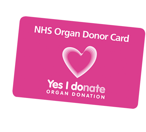 An NHS organ donor card, reading 'Yes, I donate. Organ donation'. Image links to an NHS webpage where you can register your organ donation decision, if in England or Wales.