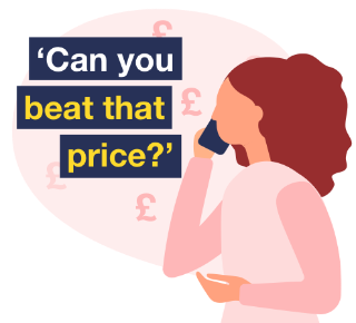 Vector image of a woman speaking on a mobile phone, saying 'Can you beat that price?'