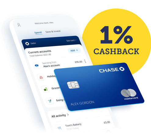Chase's debit card offers 1% cashback. The image links to a review of the Chase current account in our Best bank accounts guide.