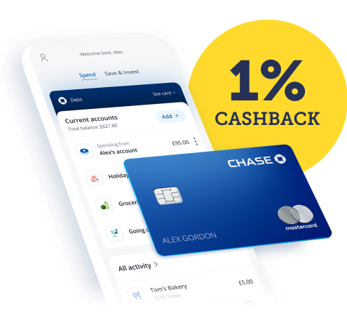 A Chase bank account debit card and a mobile phone displaying the app-based Chase bank account. The account offers a year's 1% cashback. The image links to our review of the Chase account within our Best bank accounts guide.