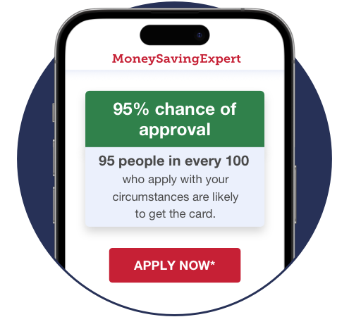 MSE's Credit Card Eligibility Calculator for 0% balance transfer cards. This calculator is linked to through an image of a mobile phone screen, with text on it that reads: "95% chance of approval. 95 people in every 100 who apply with your circumstances are likely to get the card."