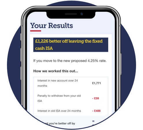 A mobile screen showing results from our Ditch your fixed cash ISA calculator, linked to from this image.