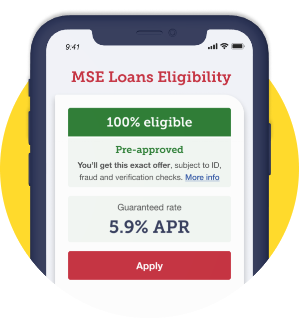 Screengrab of our Loans Eligibility Calculator, including the text "100% eligible" and "pre-approved", and showing a 5.9% interest rate and button to apply for the loan. Image links to the Loans Eligibility Calculator itself.