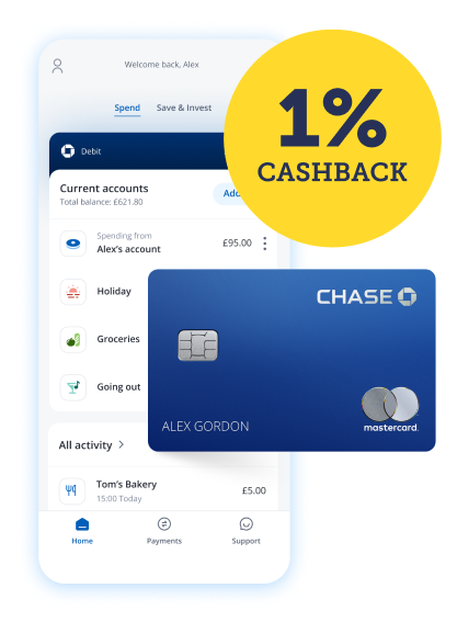 The Chase current account pays you 1% cashback on almost all spending. Find out full details on the account in our Best bank accounts guide.