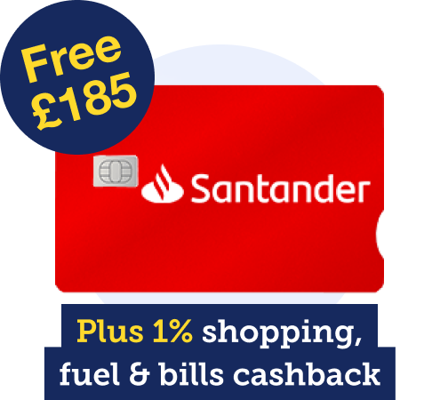 The Santander Edge account offers a free £185, plus 1% shopping, fuel and bills cashback. Image links to our review of the Santander Edge account in our Best bank accounts guide.