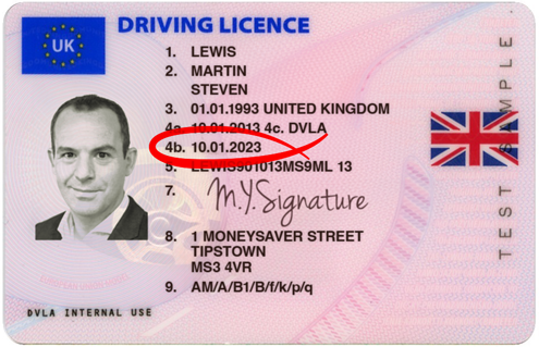Mock-up of Martin Lewis's driving licence, which shows the all-important section 4b expiry date, and has an address of '1 MoneySaver Street, Tipstown'. Image links to our full write-up on checking your driving licence.