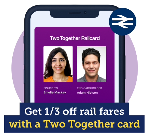 An image of a Two Together Railcard, with the caption "Get one-third off rail fares with a Two Together card". Image links to the railcards MSE Deals page.