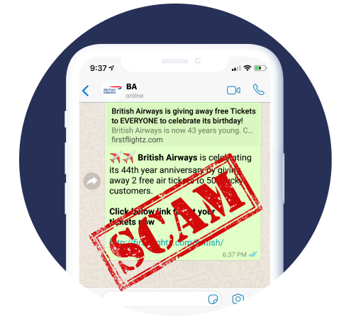 A mobile phone screen showing an example of a WhatsApp scam message, which appears as if it's from British Airways, with the word "scam" stamped over the top in red text. The image links to an MSE News story detailing five holiday booking scams to watch out for.
