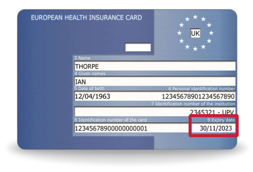 An example of a European Health Insurance Card, for someone called Ian Thorpe, with the expiry date of 30 November 2023 shown. Image links to our Free GHIC and EHIC guide.