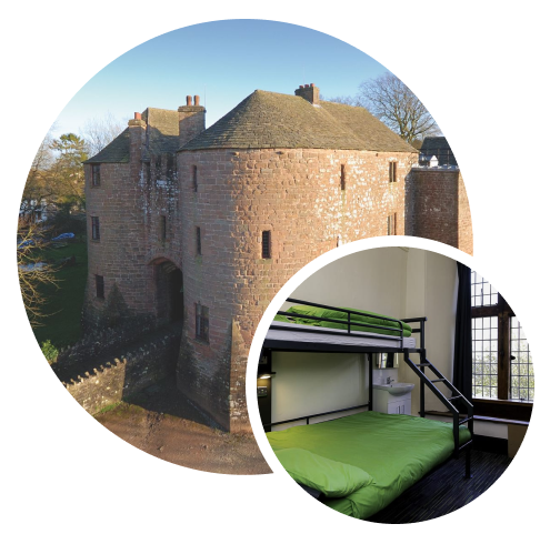 An image of the outside and inside of YHA Briavel's Castle in Gloucestershire, which is one of the hostels recommended by Forumites in MSE's UK hotels guide.