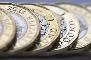Pound coins overlapping one another from left to right
