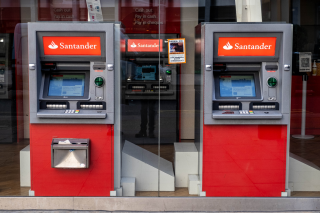 Victoria Westminster London England UK, November 7 2021, Santander High Street Bank ATM Machine Cash Dispensers Victoria Street London
