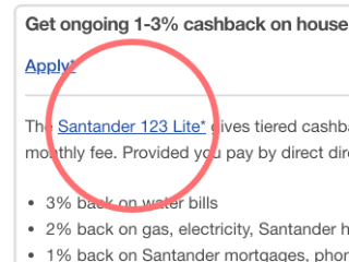 A bank account write-up on MoneySavingExpert.com, titled "Get ongoing 1% to 3% cashback on household bills". It shows a link to the Santander 123 Lite account, with an asterisk to denote it's an affiliated link, and a red circle drawn around the whole link.