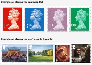 Examples of stamps you can swap out: First class stamp with plain red background, Second class stamp with plain blue background, £1.35 value stamp with plain lilac background, £2.80 value stamp with plain green background (all with the Queen’s profile as the main focus). Examples of stamps you don’t need to swap out: First class stamp showing the Eastbourne Bandstand music venue, £1.33 value stamp showing a manicured Stowe garden, First class stamp showing Mary and the baby Jesus, £1.70 value stamp showing a strapping Sir Galahad kneeling before the Holy Grail.