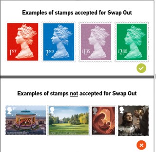 Examples of stamps accepted for Swap Out include 'everyday' stamps featuring mainly the Queen's profile, while those not accepted include those 'special' stamps that feature different images and designs